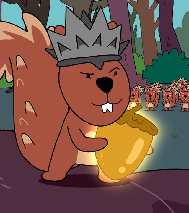 Die Eichhörnchenkönigin steht mit hinterlistigem Gesichtsausdruck auf einem Stein und hält die goldene Eichel in ihren Händen. Twinkle schwebt ihr gegenüber in der Luft und schaut sie ernst-böse an. Im Hintergrund steht das Eichhörnchenvolk aufgereiht in mehreren Reihen. Noch weiter hinten ragen die abgestorbenen Bäume ohne Blätter in den Himmel.