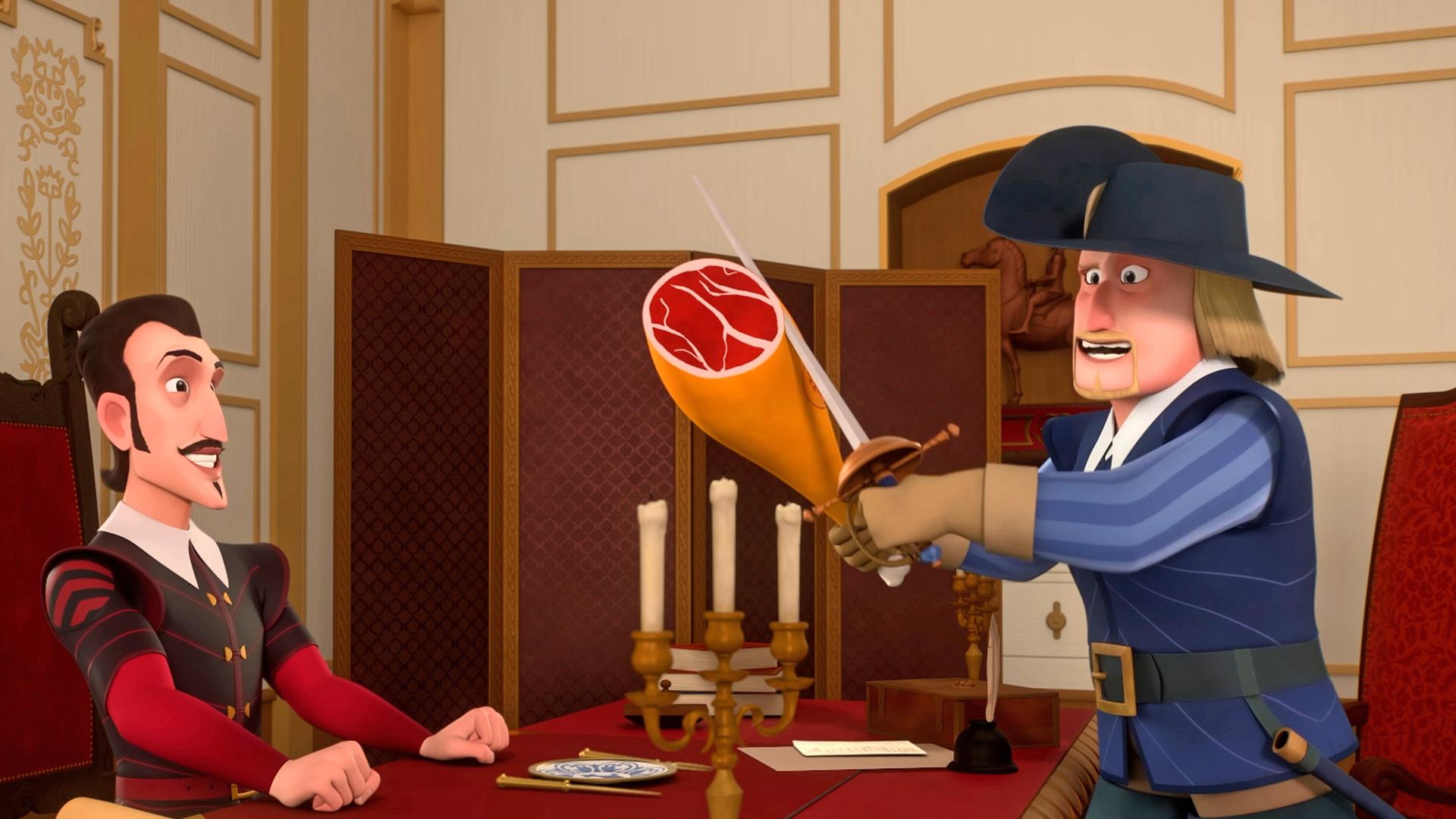 Richelieu sitzt mit freudigem Gesichtsausdruck an seinem Schreibtisch, auf dem sich Papiere und ein Kerzenständer befinden. Die Hände hat er zu Fäusten gespannt. Ihm gegenüber steht ein Mann, der Wikinger,  der ihm einen Schinken entgegenstreckt. Er hält seinen Degen an den Schinken, als ob er eine Scheibe abschneiden will und lacht.