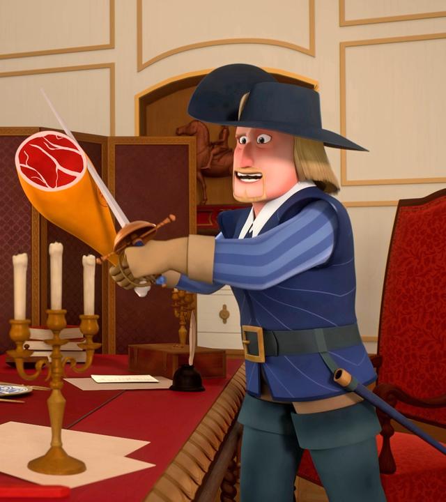 Richelieu sitzt mit freudigem Gesichtsausdruck an seinem Schreibtisch, auf dem sich Papiere und ein Kerzenständer befinden. Die Hände hat er zu Fäusten gespannt. Ihm gegenüber steht ein Mann, der Wikinger,  der ihm einen Schinken entgegenstreckt. Er hält seinen Degen an den Schinken, als ob er eine Scheibe abschneiden will und lacht.