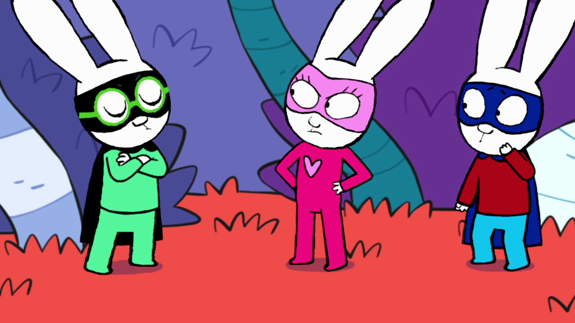 Super-Ferdi steht schmollend und mit verschränkten Armen vor Super-Lou. Diese schaut ihn garstig an. Superhase steht neben den beiden und schaut ihnen verdutzt zu.