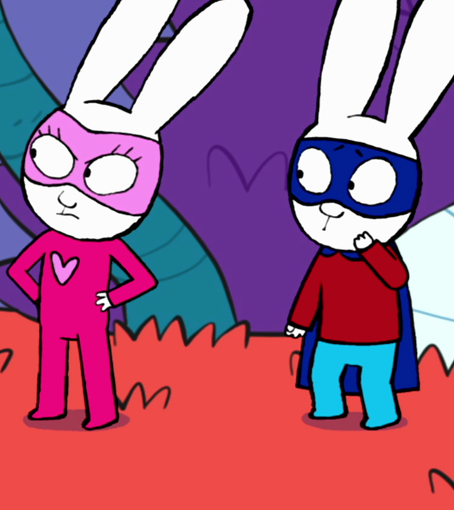 Super-Ferdi steht schmollend und mit verschränkten Armen vor Super-Lou. Diese schaut ihn garstig an. Superhase steht neben den beiden und schaut ihnen verdutzt zu.