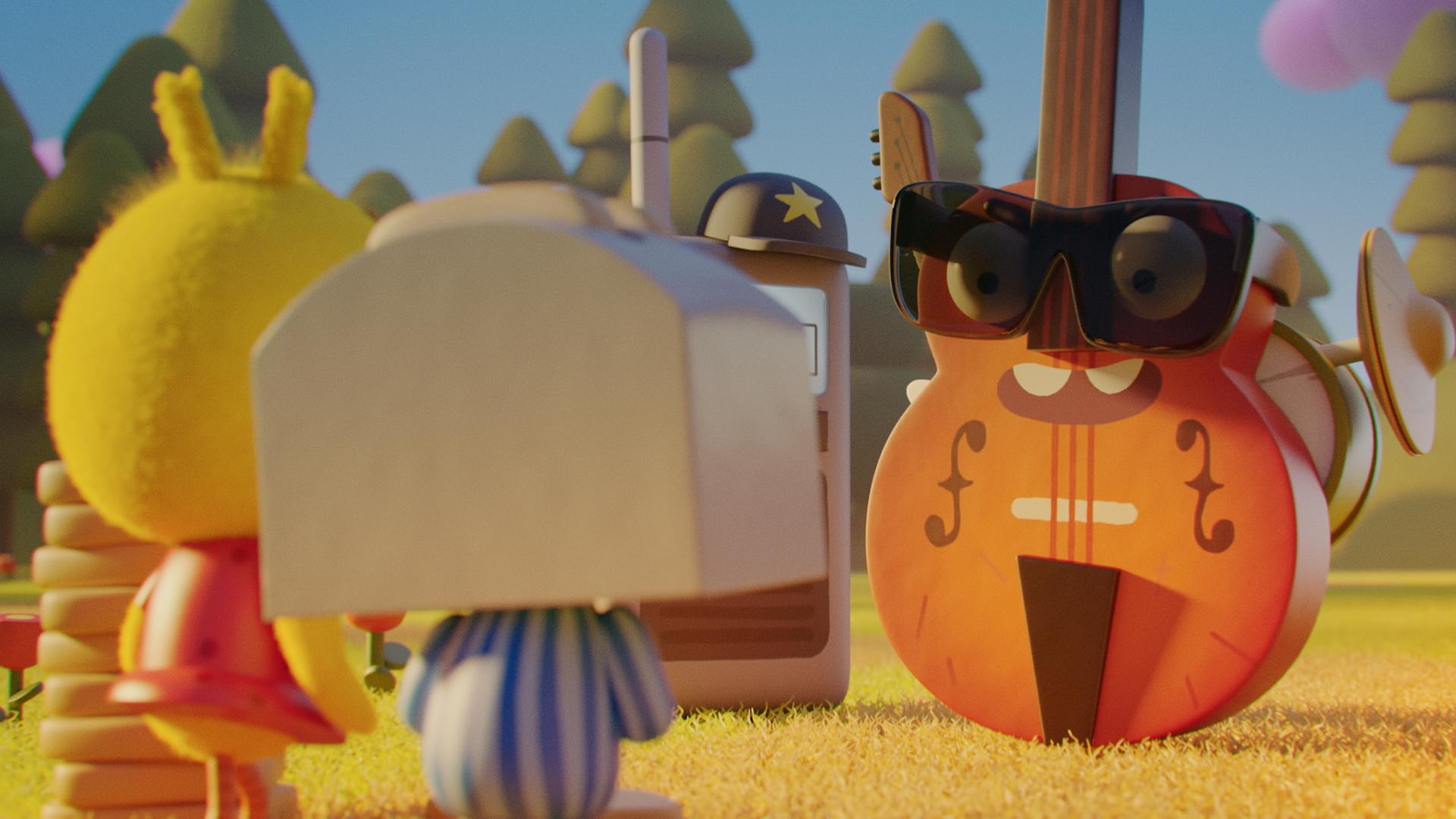 Im Park: Das Küken Karla  und der Junge mit dem Toasterkopf genannt Toast sind im Park auf ihr Idol Kim Kix getroffen, der vor ihnen steht. Kim Kix ist die singende Gitarre. Sie trägt eine Sonnenbrille und lacht freundlich zu Karla und Toast herüber. Neben Kim Kix stehen zwei Walkie-Talkies, die seine Bodyguards sind.