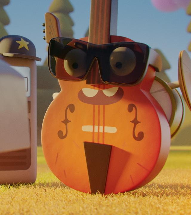 Im Park: Das Küken Karla  und der Junge mit dem Toasterkopf genannt Toast sind im Park auf ihr Idol Kim Kix getroffen, der vor ihnen steht. Kim Kix ist die singende Gitarre. Sie trägt eine Sonnenbrille und lacht freundlich zu Karla und Toast herüber. Neben Kim Kix stehen zwei Walkie-Talkies, die seine Bodyguards sind.