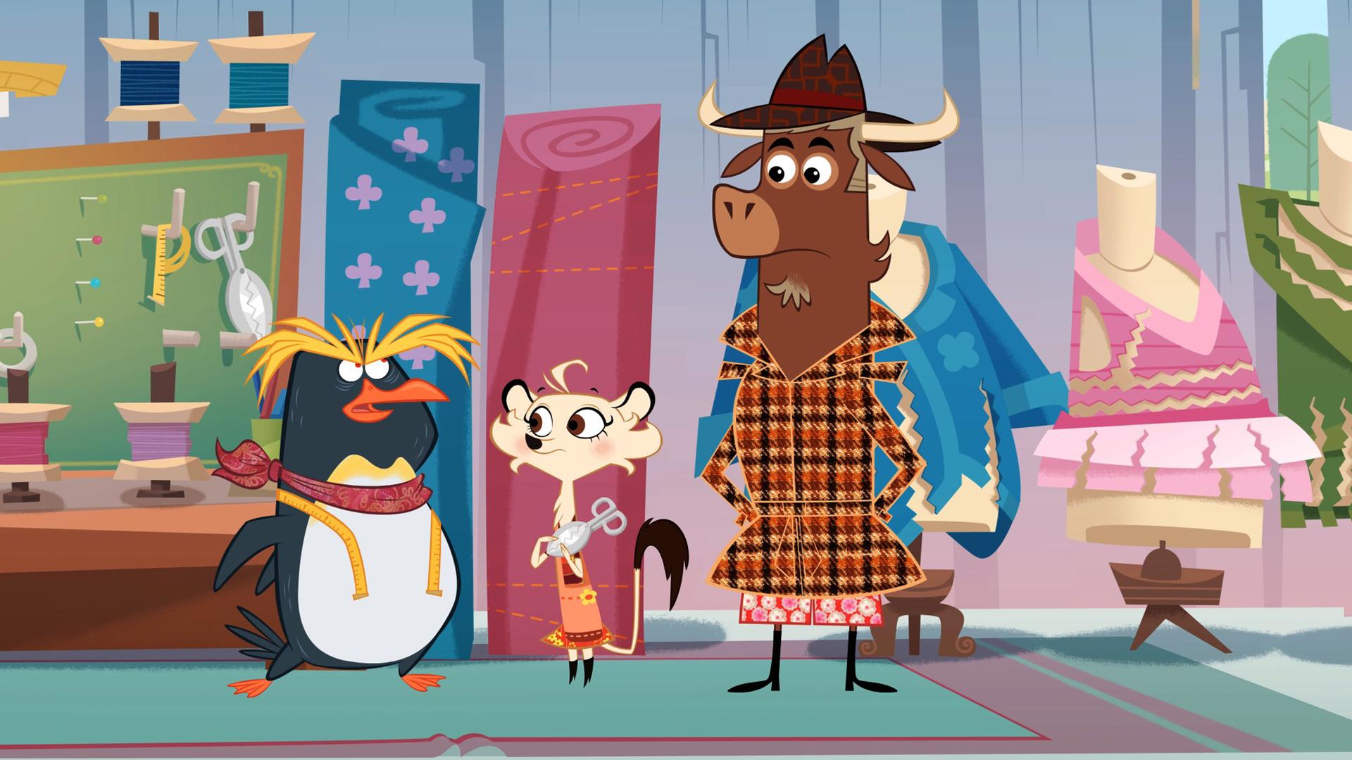 Der Pinguin ist außer sich. Er erklärt Hermione und Sherlock Yack, dass jemand seine neue Modekollektion verschnitten hat. Hermione und Sherlock Yack hören dem Pinguin interessiert zu.