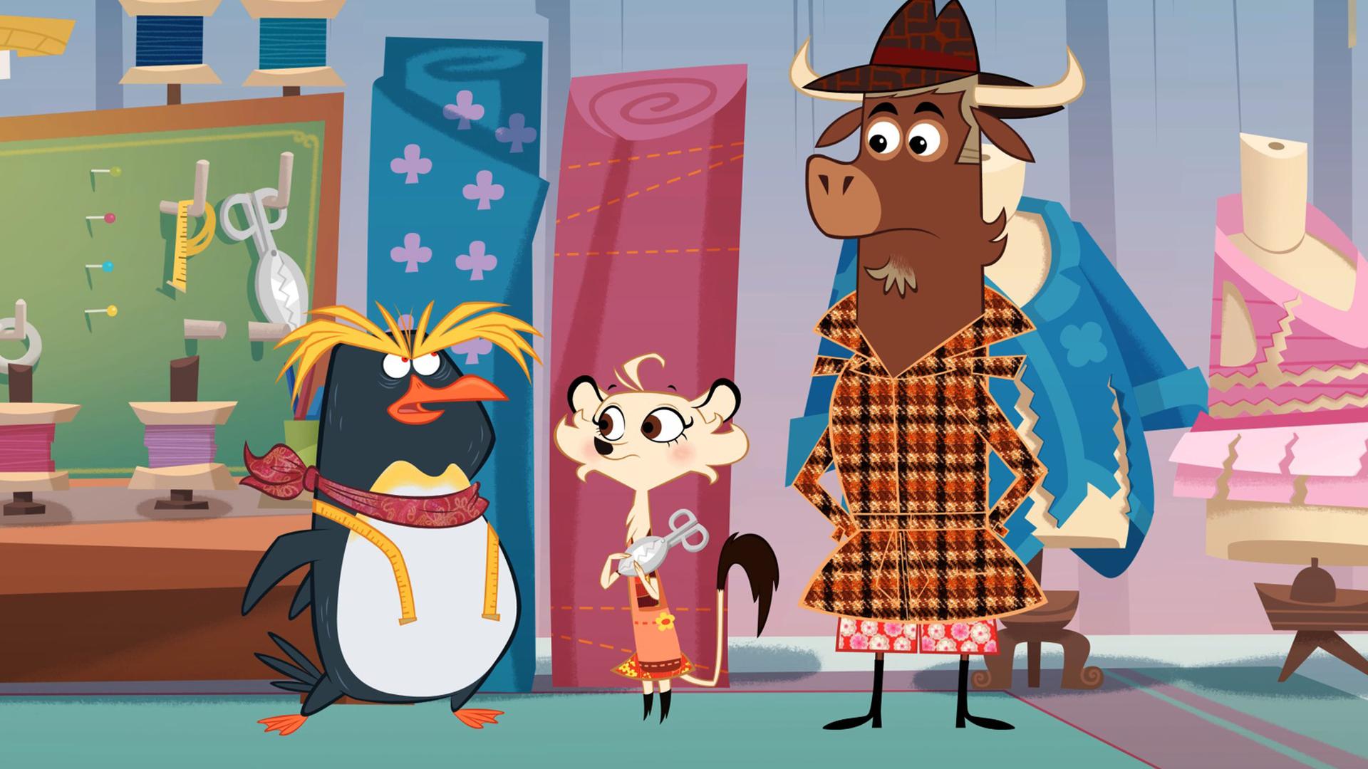 Der Pinguin ist außer sich. Er erklärt Hermione und Sherlock Yack, dass jemand seine neue Modekollektion verschnitten hat. Hermione und Sherlock Yack hören dem Pinguin interessiert zu.