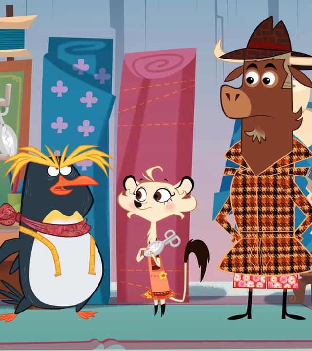 Der Pinguin ist außer sich. Er erklärt Hermione und Sherlock Yack, dass jemand seine neue Modekollektion verschnitten hat. Hermione und Sherlock Yack hören dem Pinguin interessiert zu.