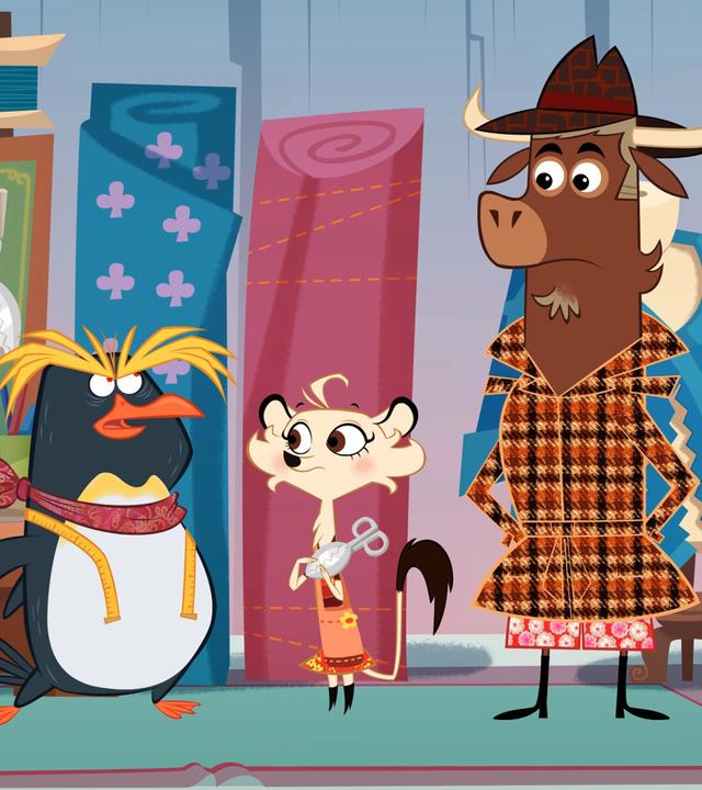 Der Pinguin ist außer sich. Er erklärt Hermione und Sherlock Yack, dass jemand seine neue Modekollektion verschnitten hat. Hermione und Sherlock Yack hören dem Pinguin interessiert zu.