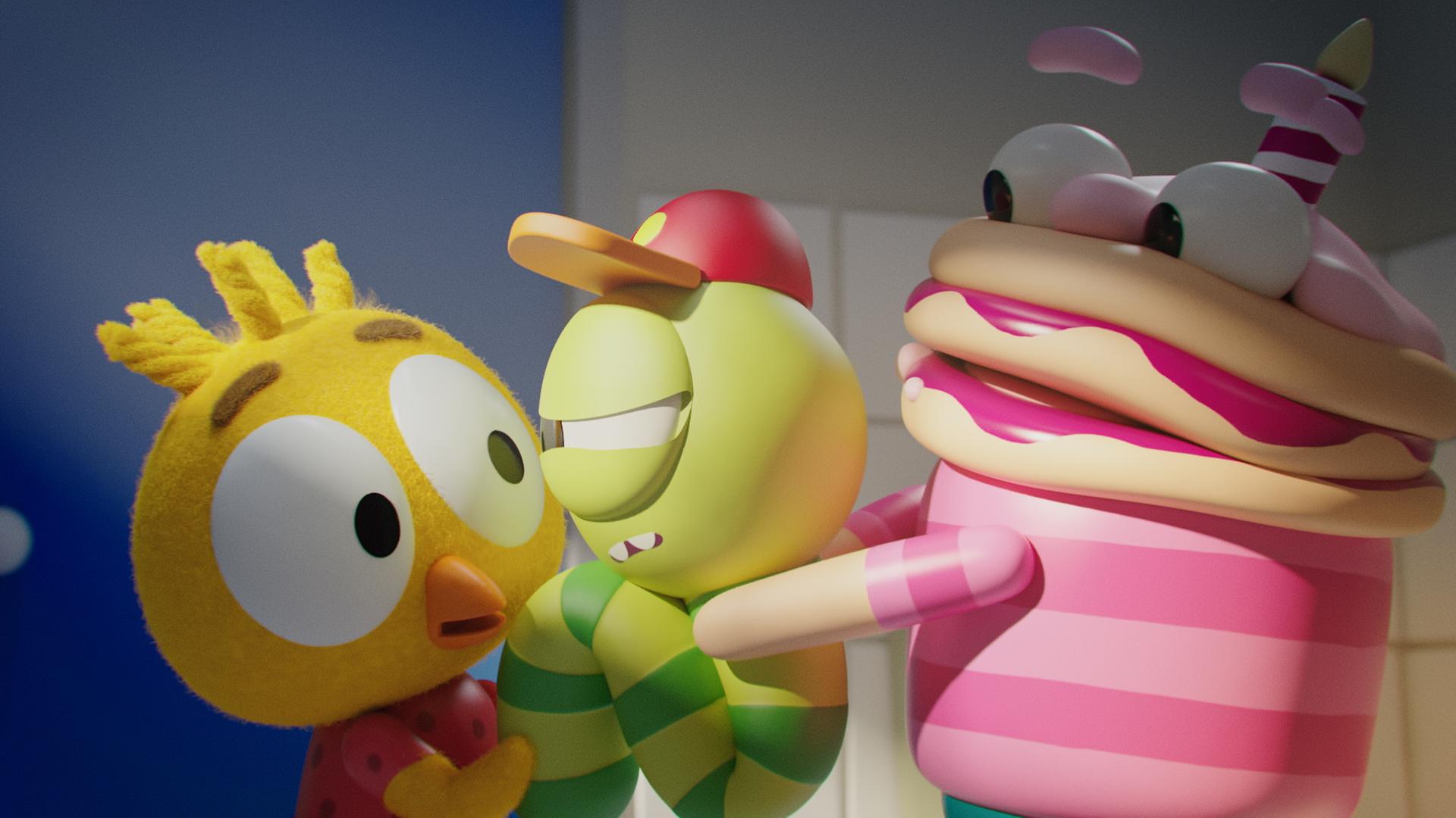 Karla, das kleine gelbe Küken, Glitsch, der Wurm, und Othello, der Tortenjunge, stehen nebeneinander. Othello steht rechts und hält Glitsch, der in der Mitte steht, mit beiden Händen fest. Glitsch schaut geschwächt zu Karla, die links mit weit aufgerissenen Augen steht.