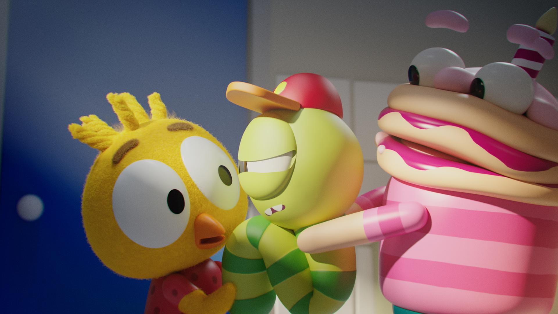 Das Küken Karla, Wurm Glitsch und der Tortenjunge Othello stehen nebeneinander. Othello steht rechts und hält Glitsch, der in der Mitte steht, mit beiden Händen fest. Glitsch schaut geschwächt zu Karla, die links mit weit aufgerissenen Augen steht.