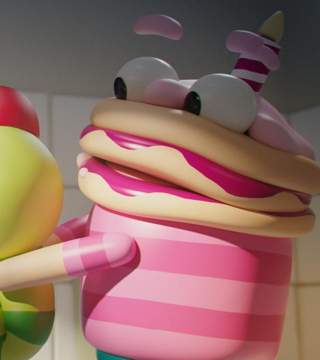 Karla, das kleine gelbe Küken, Glitsch, der Wurm, und Othello, der Tortenjunge, stehen nebeneinander. Othello steht rechts und hält Glitsch, der in der Mitte steht, mit beiden Händen fest. Glitsch schaut geschwächt zu Karla, die links mit weit aufgerissenen Augen steht.