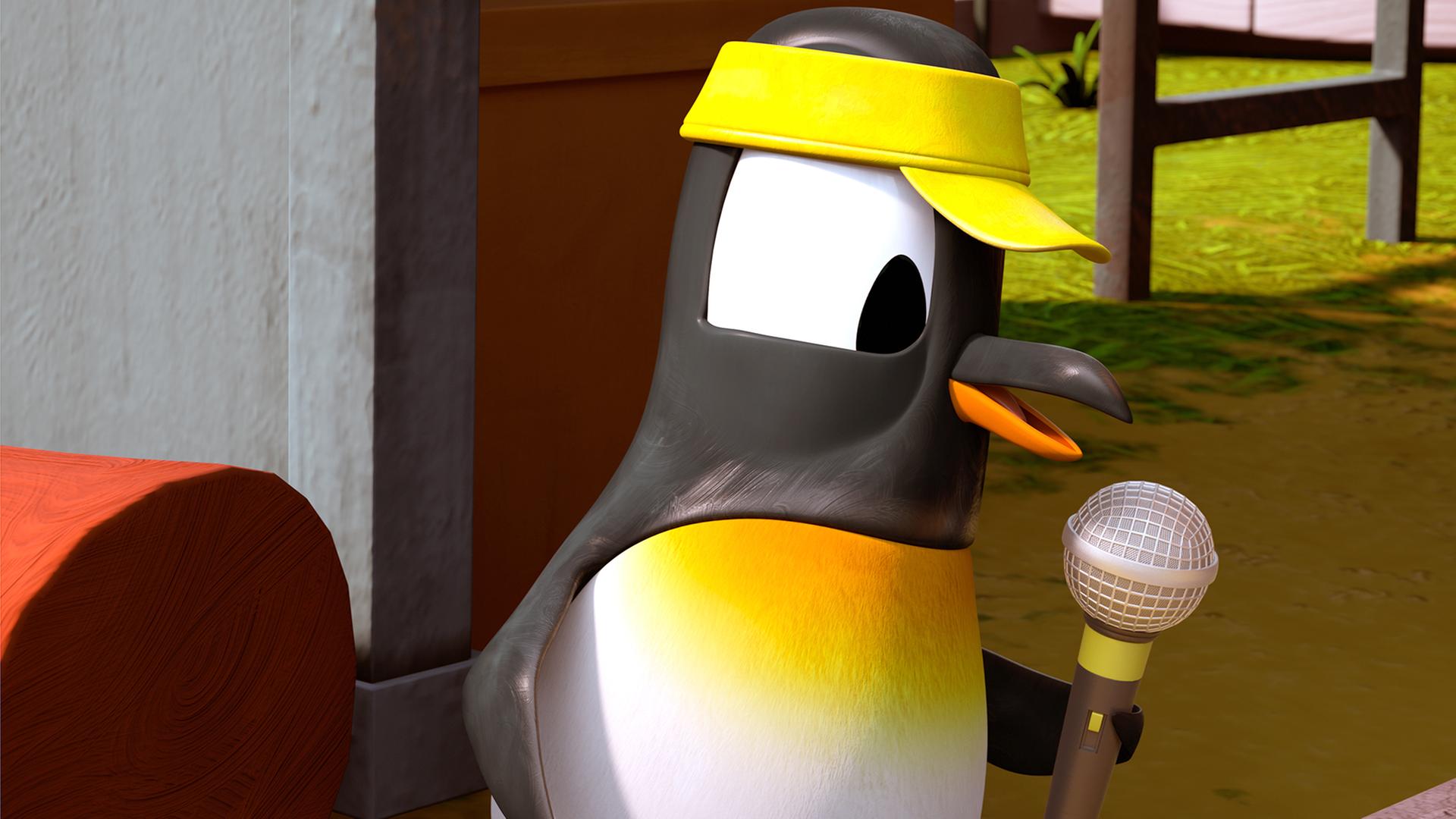 Pinguinmädchen Anni spricht in ein Mikro, welches sie in ihrer Flosse hält.