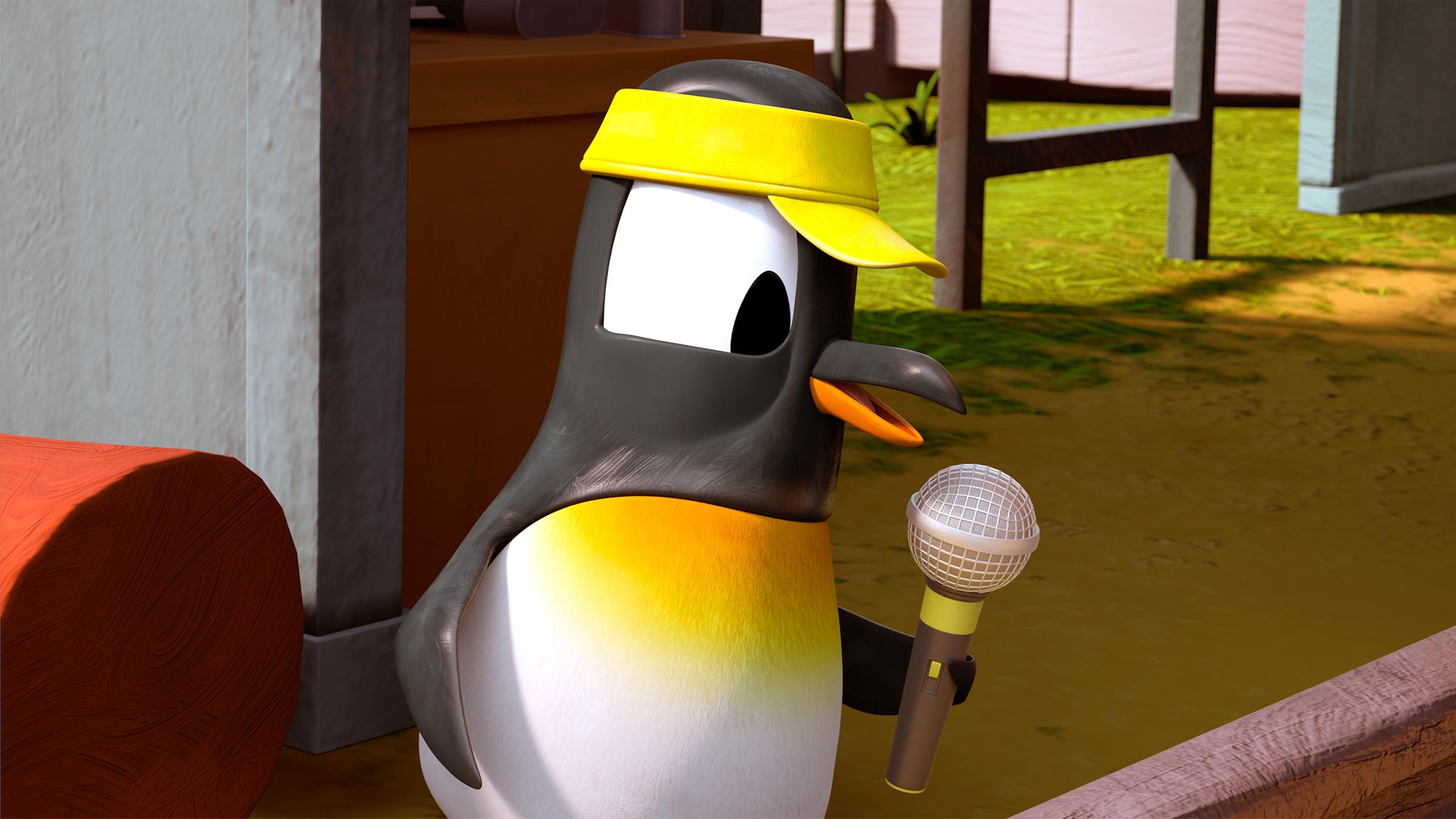 Pinguinmädchen Anni (Mitte) spricht in ein Mikro, welches sie in ihrer Flosse hält.