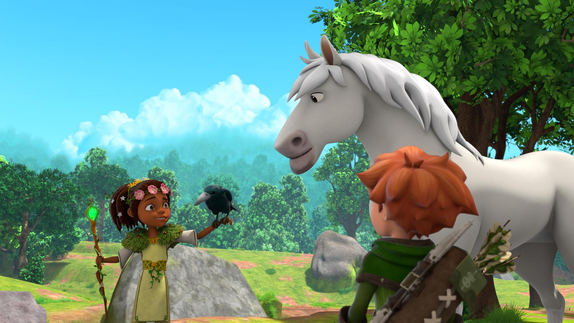 Auf einem Feldweg steht Robin vor dem weißen Pferd Avalanche. Druidin Katell steht links vor ihnen und hält einen schwarzen Raben auf ihrer linken Hand. Mit der rechten Hand hält sie ihren Druidinnnen-Stab.