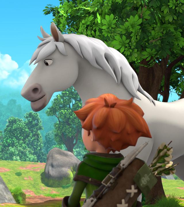 Auf einem Feldweg steht Robin vor dem weißen Pferd Avalanche. Druidin Katell steht links vor ihnen und hält einen schwarzen Raben auf ihrer linken Hand. Mit der rechten Hand hält sie ihren Druidinnnen-Stab.