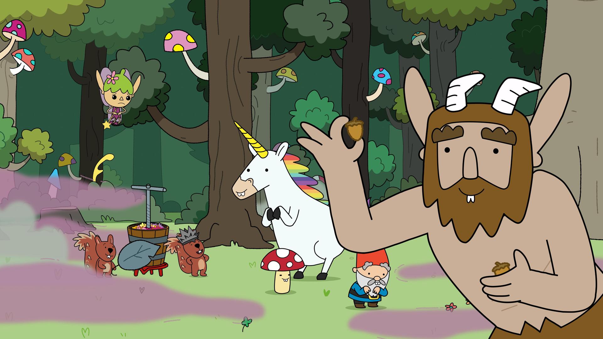 Im Wald auf einer Wiese tummeln sich die vier Helden - Tupfen, Blümchen, Herbert und Hufius. Alle vier haben lange, überstehende Eichhörnchen-Vorderzähne und halten ihre Arme angewinkelt wie Eichhörnchen. Hufius hält gesammelte Eicheln in den Händen. Twinkle schwebt über einem Eichhörnchen und der Eichhörnchen-Königin, die rechts und links von einer Weinpresse stehen, in der bunte Blütenblätter sind. Durch den Wald wabern altrosa 'Parfümwölkchen'.