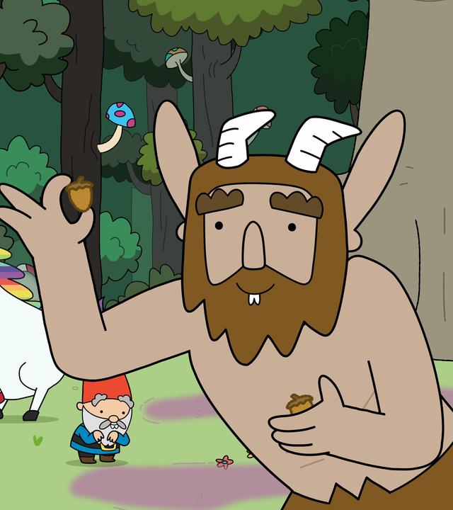 Im Wald auf einer Wiese tummeln sich die vier Helden - Tupfen, Blümchen, Herbert und Hufius. Alle vier haben lange, überstehende Eichhörnchen-Vorderzähne und halten ihre Arme angewinkelt wie Eichhörnchen. Hufius hält gesammelte Eicheln in den Händen. Twinkle schwebt über einem Eichhörnchen und der Eichhörnchen-Königin, die rechts und links von einer Weinpresse stehen, in der bunte Blütenblätter sind. Durch den Wald wabern altrosa 'Parfümwölkchen'.