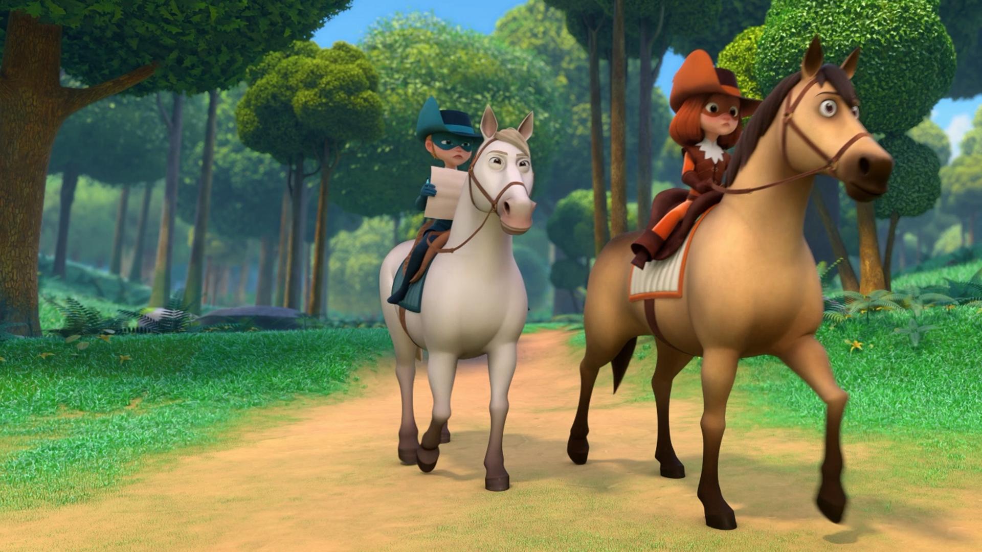 Im Wald: D'Artagnan reitet auf ihrem Pferd Planchet. Ihr Blick geht gebannt nach vorne. Dicht hinter ihr befindet sich Athos auf ihrem Pferd. Sie hält eine Karte in ihren Händen und schaut ebenfalls nach vorne. Um sie herum sind Bäume, Gräser und Blumen zu sehen, sowie der blaue Himmel.