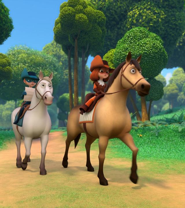 Im Wald: D'Artagnan reitet auf ihrem Pferd Planchet. Ihr Blick geht gebannt nach vorne. Dicht hinter ihr befindet sich Athos auf ihrem Pferd. Sie hält eine Karte in ihren Händen und schaut ebenfalls nach vorne. Um sie herum sind Bäume, Gräser und Blumen zu sehen, sowie der blaue Himmel.