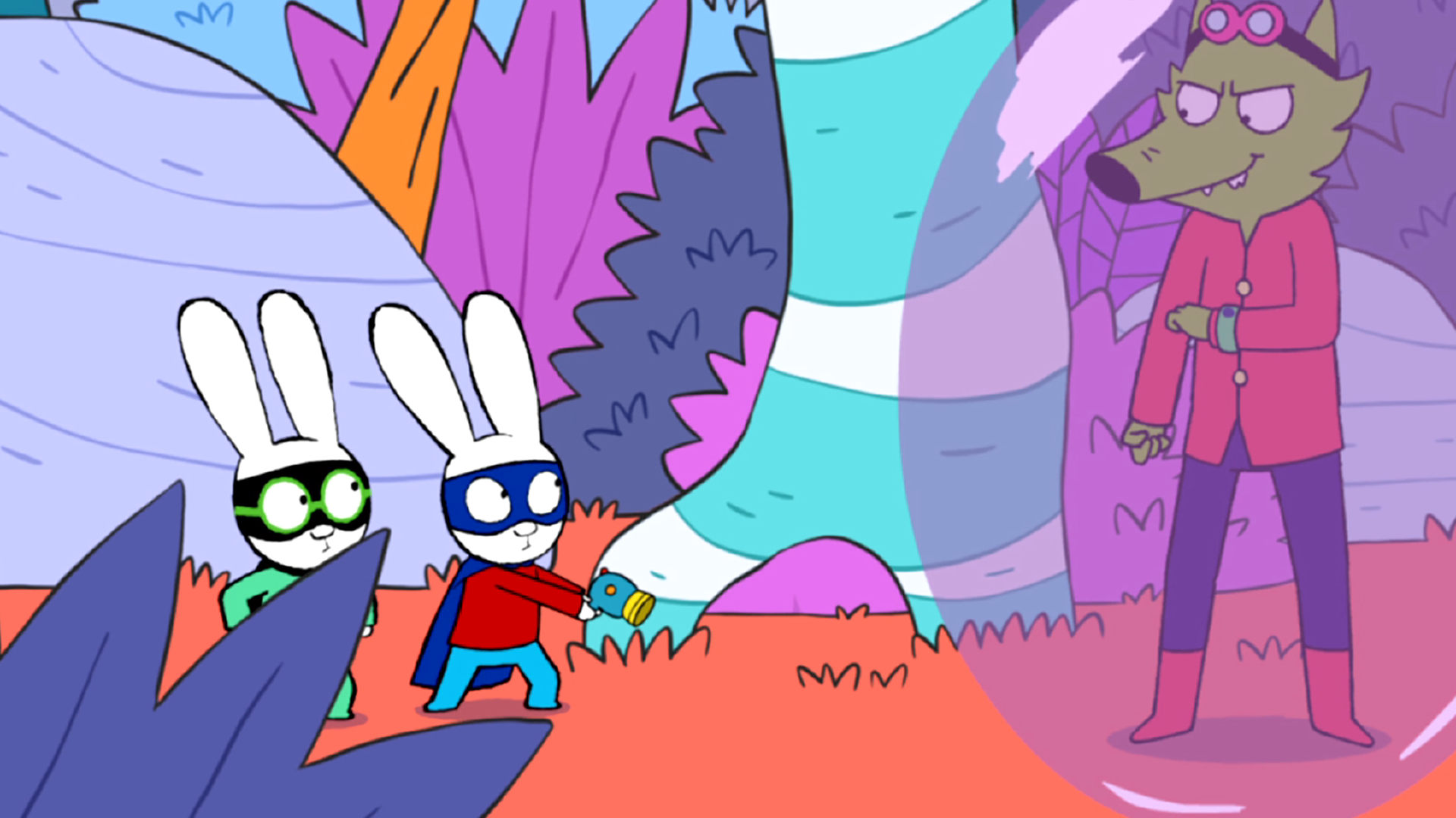 In der Fantasiewelt befindet sich Professor Wolf in einer großen Blase und blickt hämisch grinsend zu Super-Ferdi und Superhase, die neben ihm stehen. Am linken Handgelenk trägt er die Mega-Uhr von Super-Ferdi, mit der er die Blase erzeugt hat. Superhase hält seine Super-Wasserpistole in den Händen und zielt auf die Blase.