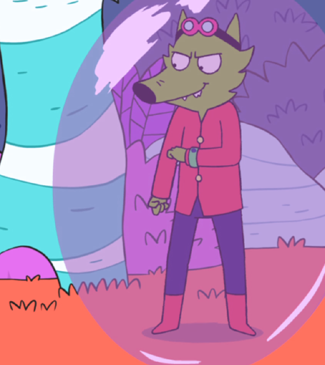 In der Fantasiewelt befindet sich Professor Wolf in einer großen Blase und blickt hämisch grinsend zu Super-Ferdi und Superhase, die neben ihm stehen. Am linken Handgelenk trägt er die Mega-Uhr von Super-Ferdi, mit der er die Blase erzeugt hat. Superhase hält seine Super-Wasserpistole in den Händen und zielt auf die Blase.