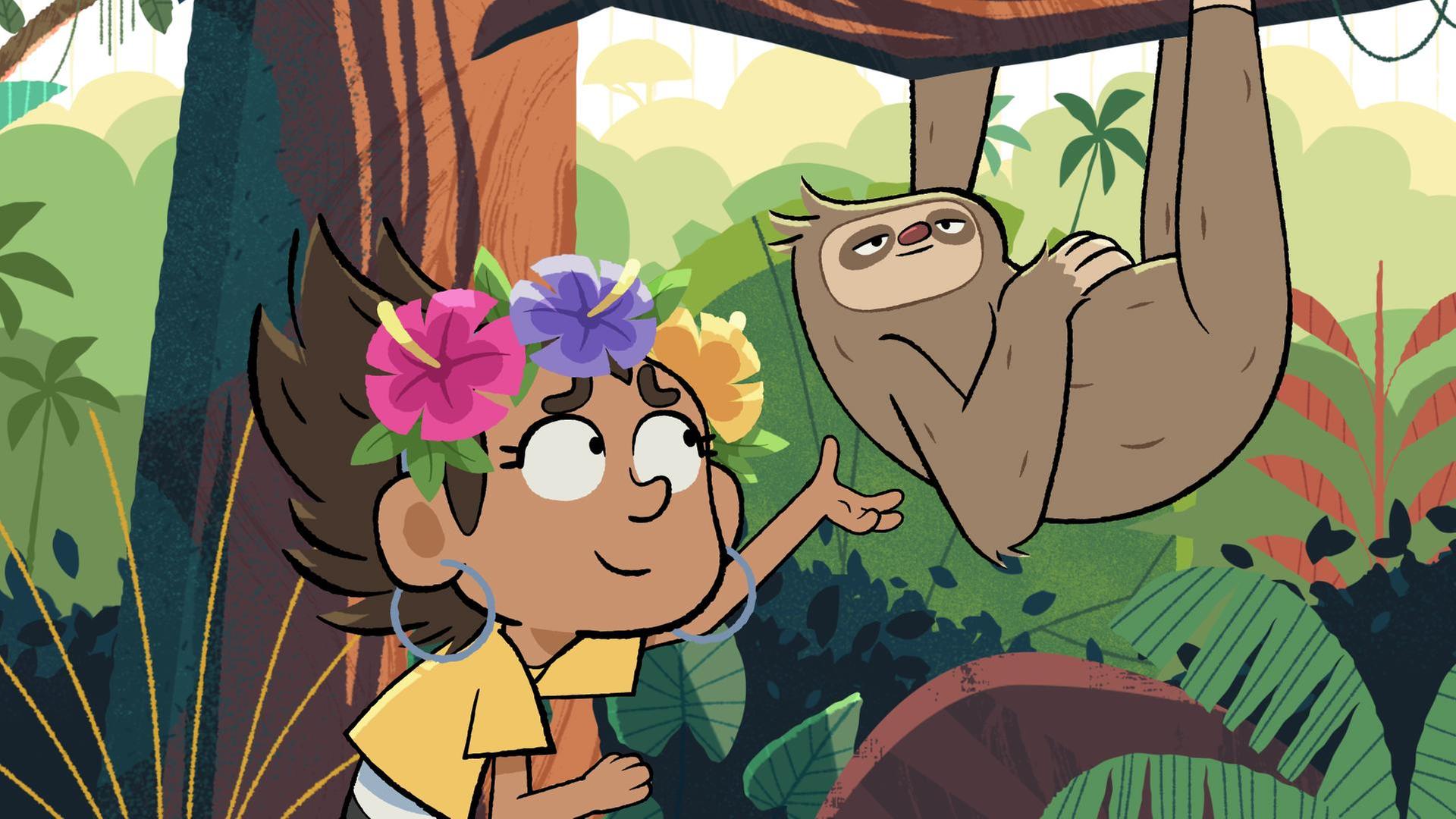 Ein Mädchen mit großen und runden Ohrringen und mit bunten Blumen im Haar schaut lächelnd zu einem Faultier, das von einem Baum herunter hängt.