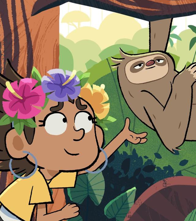 Ein Mädchen mit großen und runden Ohrringen und mit bunten Blumen im Haar schaut lächelnd zu einem Faultier, das von einem Baum herunter hängt.