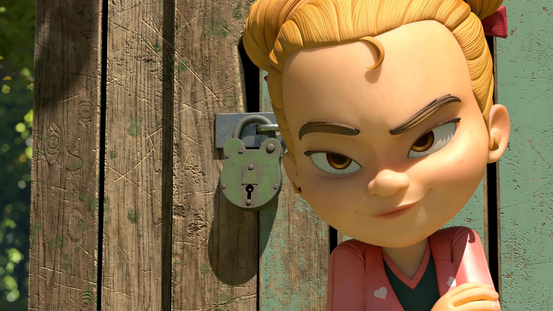 Marie steht mit verschränkten Armen und boshaft grinsend vor dem verschlossenen Eingang zum Bandenhauptquartier. Die Holztür ist mit einem Vorhängeschloss verschlossen.