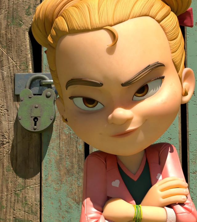 Marie steht mit verschränkten Armen und boshaft grinsend vor dem verschlossenen Eingang zum Bandenhauptquartier. Die Holztür ist mit einem Vorhängeschloss verschlossen.