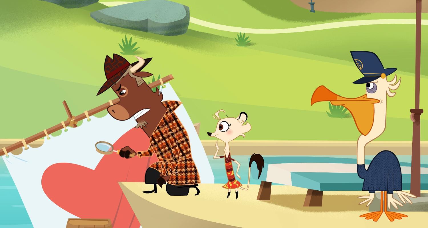 Sherlock Yack untersucht mit einer Lupe das Floß von Käpt'n Pelikan. Dabei sieht er sehr konzentriert aus und beißt die Zähne angestrengt aufeinander. Hermione steht grübelnd daneben und sieht Sherlock Yack bei seiner Untersuchung zu. Der Pelikan steht beleidigt hinter den beiden.