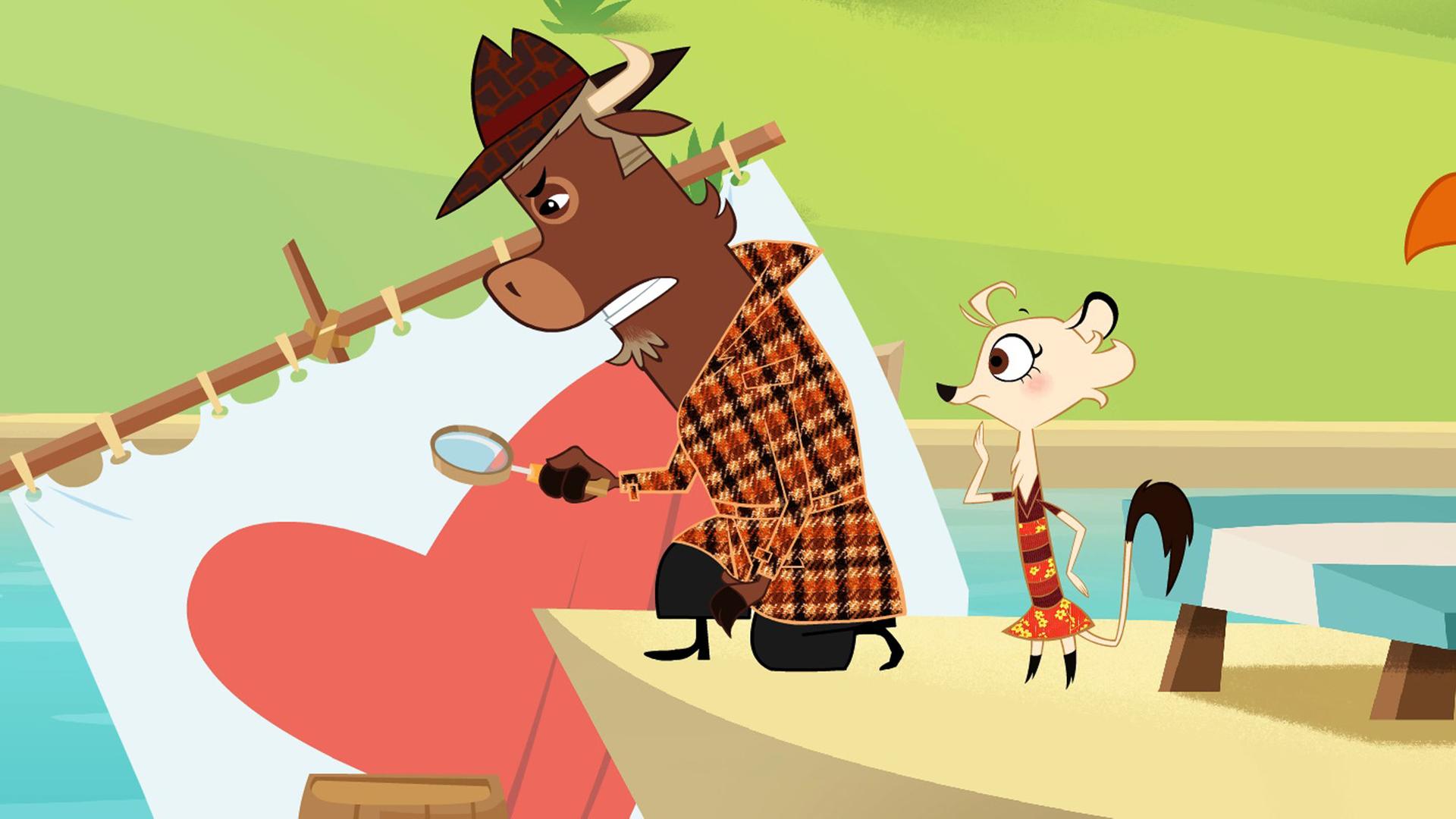 Sherlock Yack untersucht mit einer Lupe das Floß von Käpt'n Pelikan. Dabei sieht er sehr konzentriert aus und beißt die Zähne angestrengt aufeinander. Hermione steht grübelnd daneben und sieht Sherlock Yack bei seiner Untersuchung zu. Der Pelikan steht beleidigt hinter den beiden.