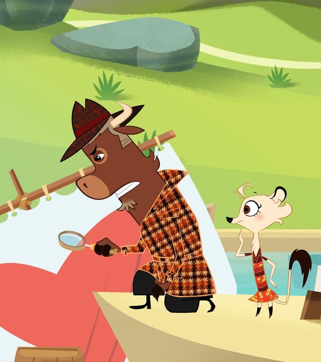 Sherlock Yack untersucht mit einer Lupe das Floß von Käpt'n Pelikan. Dabei sieht er sehr konzentriert aus und beißt die Zähne angestrengt aufeinander. Hermione steht grübelnd daneben und sieht Sherlock Yack bei seiner Untersuchung zu. Der Pelikan steht beleidigt hinter den beiden.