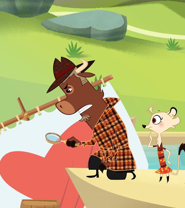 Sherlock Yack untersucht mit einer Lupe das Floß von Käpt'n Pelikan. Dabei sieht er sehr konzentriert aus und beißt die Zähne angestrengt aufeinander. Hermione steht grübelnd daneben und sieht Sherlock Yack bei seiner Untersuchung zu. Der Pelikan steht beleidigt hinter den beiden.