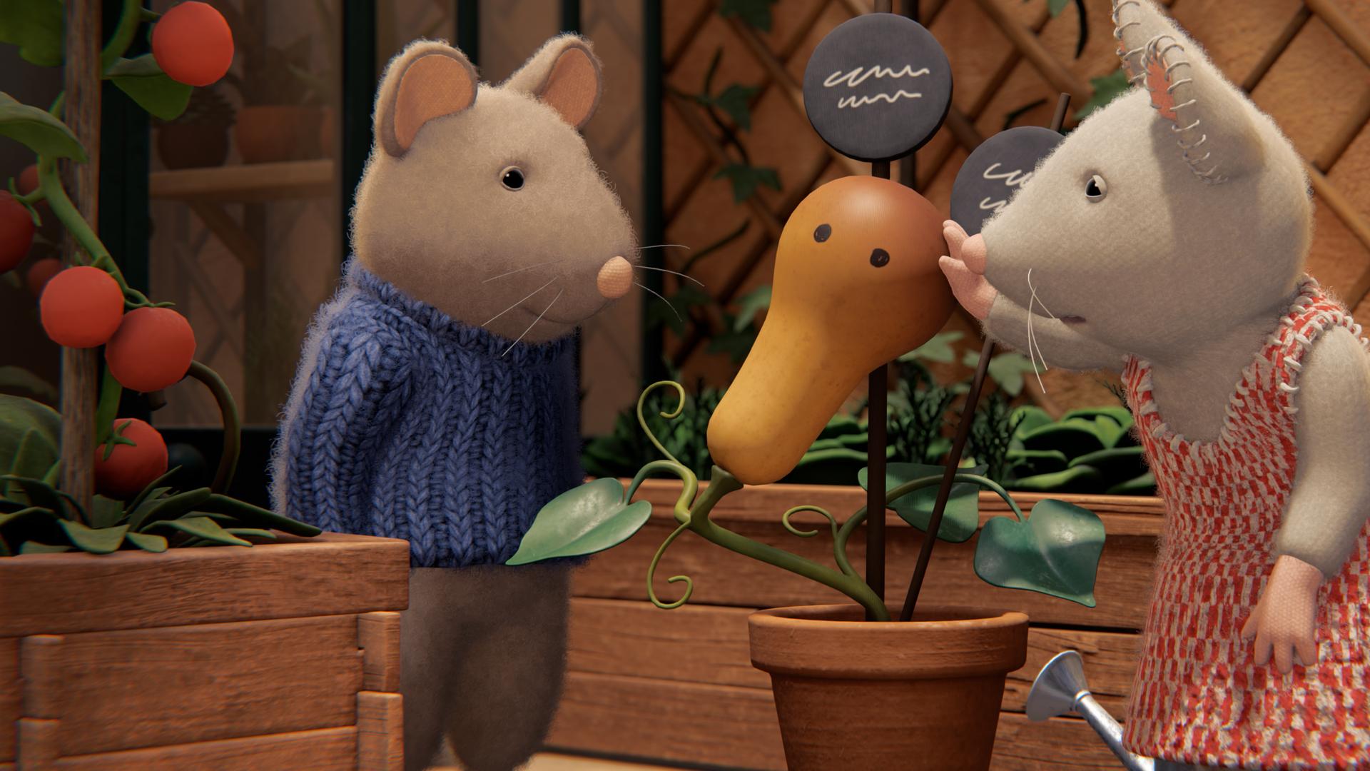 Sam und Julia stehen auf der Terrasse zwischen Hochbeeten und betrachten von beiden Seiten einen Kürbis, der in einem Topf gewachsen ist. Er hat zwei runde Flecken, die wie Augen aussehen, und Julia tätschelt liebevoll den Kürbis-Kopf.