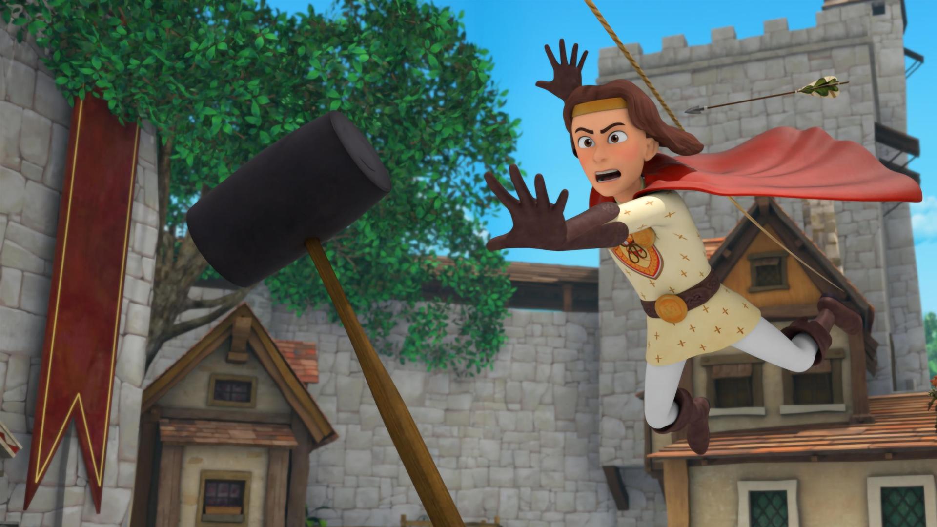 Im Schlosshof: König Richard fliegt durch den Schlosshof auf den Schegel zu, der in der Luft darauf wartet, von ihm aufgefangen zu werden. Damit muss König Richard die Glocke läuten. Er war gerade dabei sich über ein Seil quer über den Schlosshof zu abzuseilen.