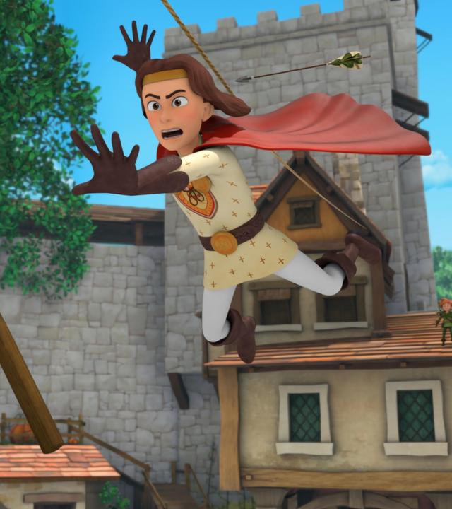 Im Schlosshof: König Richard fliegt durch den Schlosshof auf den Schegel zu, der in der Luft darauf wartet, von ihm aufgefangen zu werden. Damit muss König Richard die Glocke läuten. Er war gerade dabei sich über ein Seil quer über den Schlosshof zu abzuseilen.