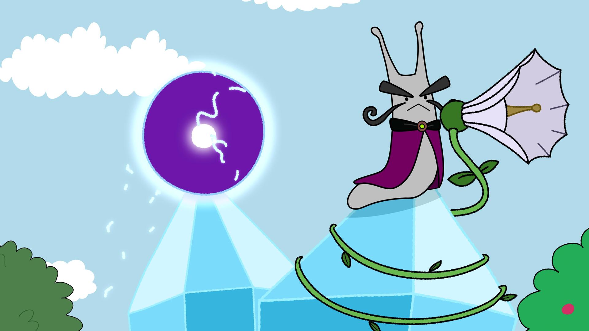 Auf der Spitze eines hellblauen Kristalls sitzt eine grimmige graue Schnecke mit schwarzen dicken Augenbrauen und einem gezwirbelten Schnauzbart. Sie hat einen lilafarbenen Umhang an. Vor ihr ist eine glockenförmige Blüte, die als Megaphon dient. Hinter der Schnecke - auf einer zweiten Kristallspitze - ist ein energiegeladener lila Kreis mit hellem Mittelpunkt.