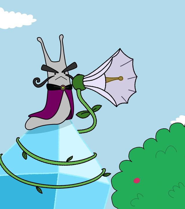 Auf der Spitze eines hellblauen Kristalls sitzt eine grimmige graue Schnecke mit schwarzen dicken Augenbrauen und einem gezwirbelten Schnauzbart. Sie hat einen lilafarbenen Umhang an. Vor ihr ist eine glockenförmige Blüte, die als Megaphon dient. Hinter der Schnecke - auf einer zweiten Kristallspitze - ist ein energiegeladener lila Kreis mit hellem Mittelpunkt.