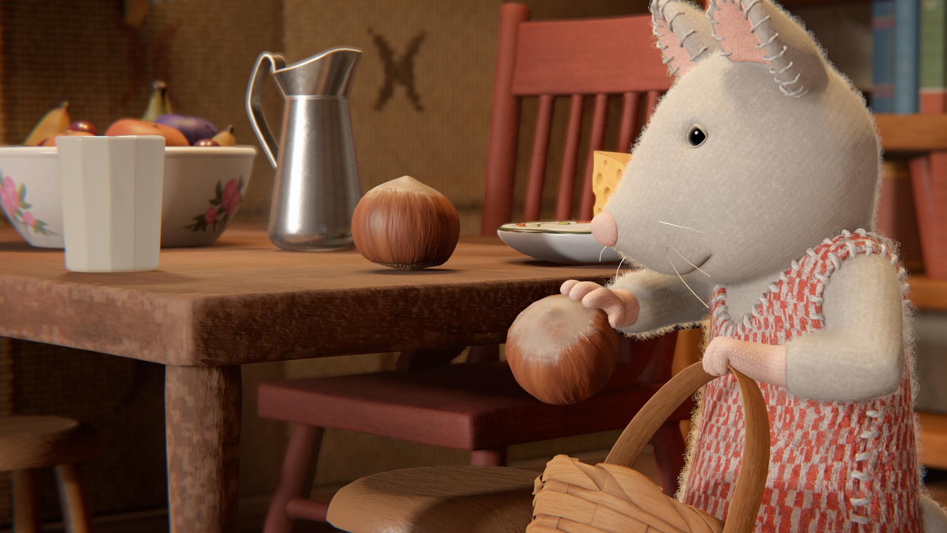 Julia steht in ihrer Küche neben dem Küchentisch. Sie trägt ihr orange-weiß kariertes Strickkleid und legt Haselnüsse in einen Korb, den sie in ihrer linken Hand hält.