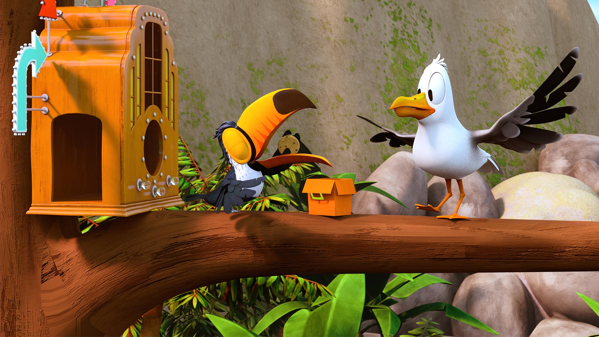 Tukan Toni möchte gerade einen Keks essen, da kommt eine Möwe angeflogen und schaut dabei ganz gierig auf den Keks.