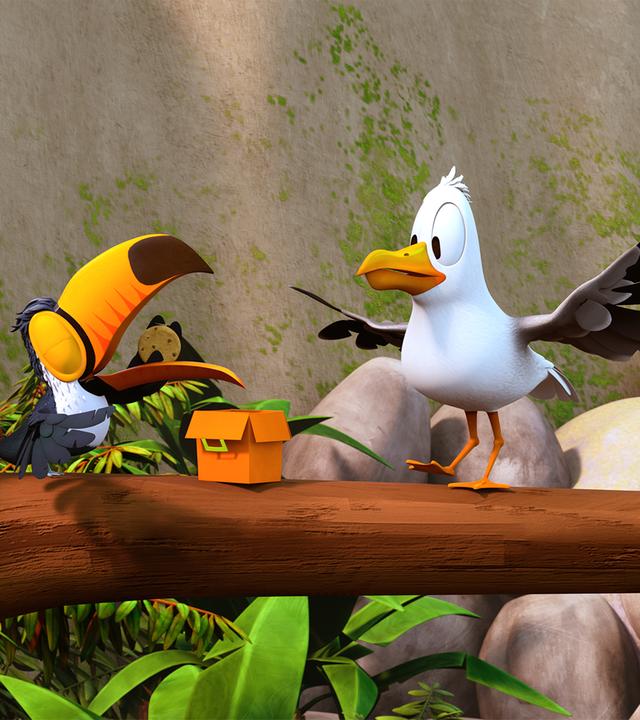 Tukan Toni möchte gerade einen Keks essen, da kommt eine Möwe angeflogen und schaut dabei ganz gierig auf den Keks.