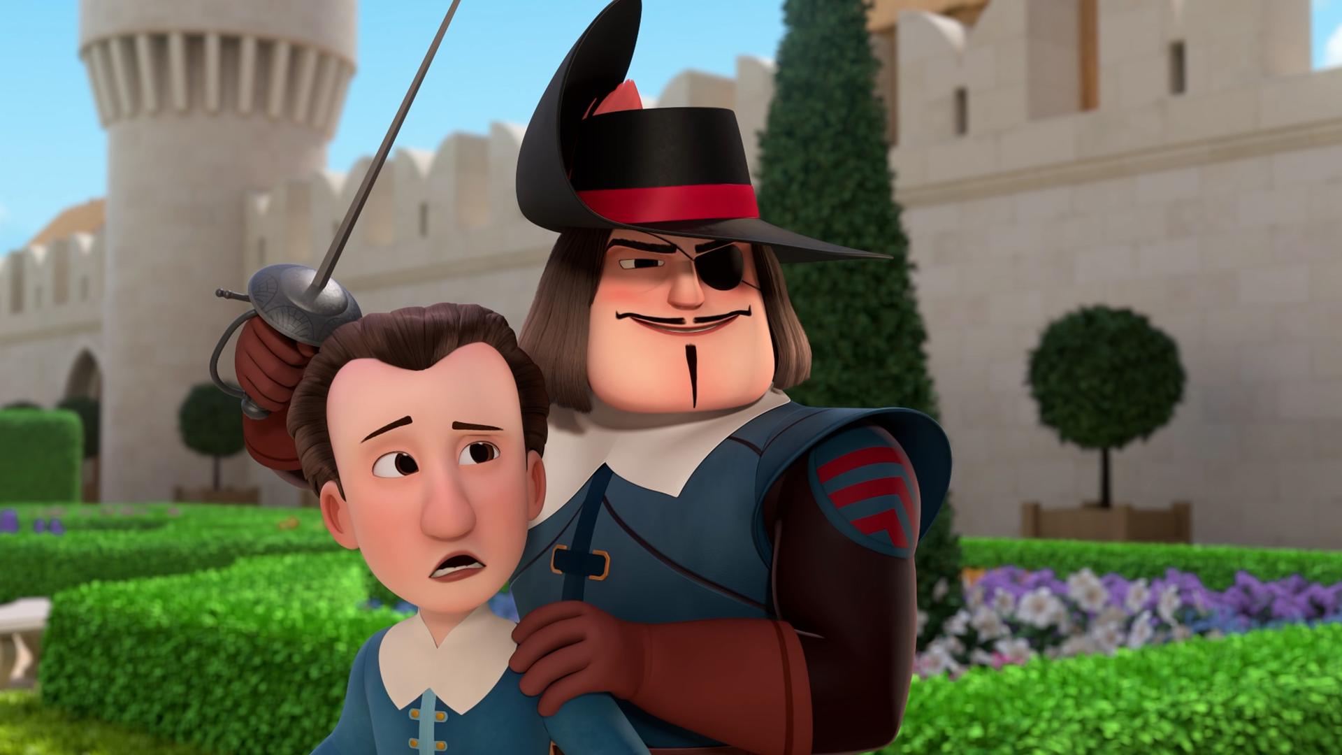 Hauptmann Rochefort steht fies grinsend hinter dem erschrocken dreinblickenden Henri. Er hat seine linke Hand auf Henris Schulter abgelegt, in der rechten Hand hält er einen Degen, den er nach oben streckt. Im Hintergrund sind vor dem Palast grüne Hecken, Sträucher und Blumen zu sehen.