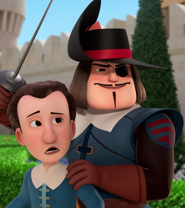 Hauptmann Rochefort steht fies grinsend hinter dem erschrocken dreinblickenden Henri. Er hat seine linke Hand auf Henris Schulter abgelegt, in der rechten Hand hält er einen Degen, den er nach oben streckt. Im Hintergrund sind vor dem Palast grüne Hecken, Sträucher und Blumen zu sehen.