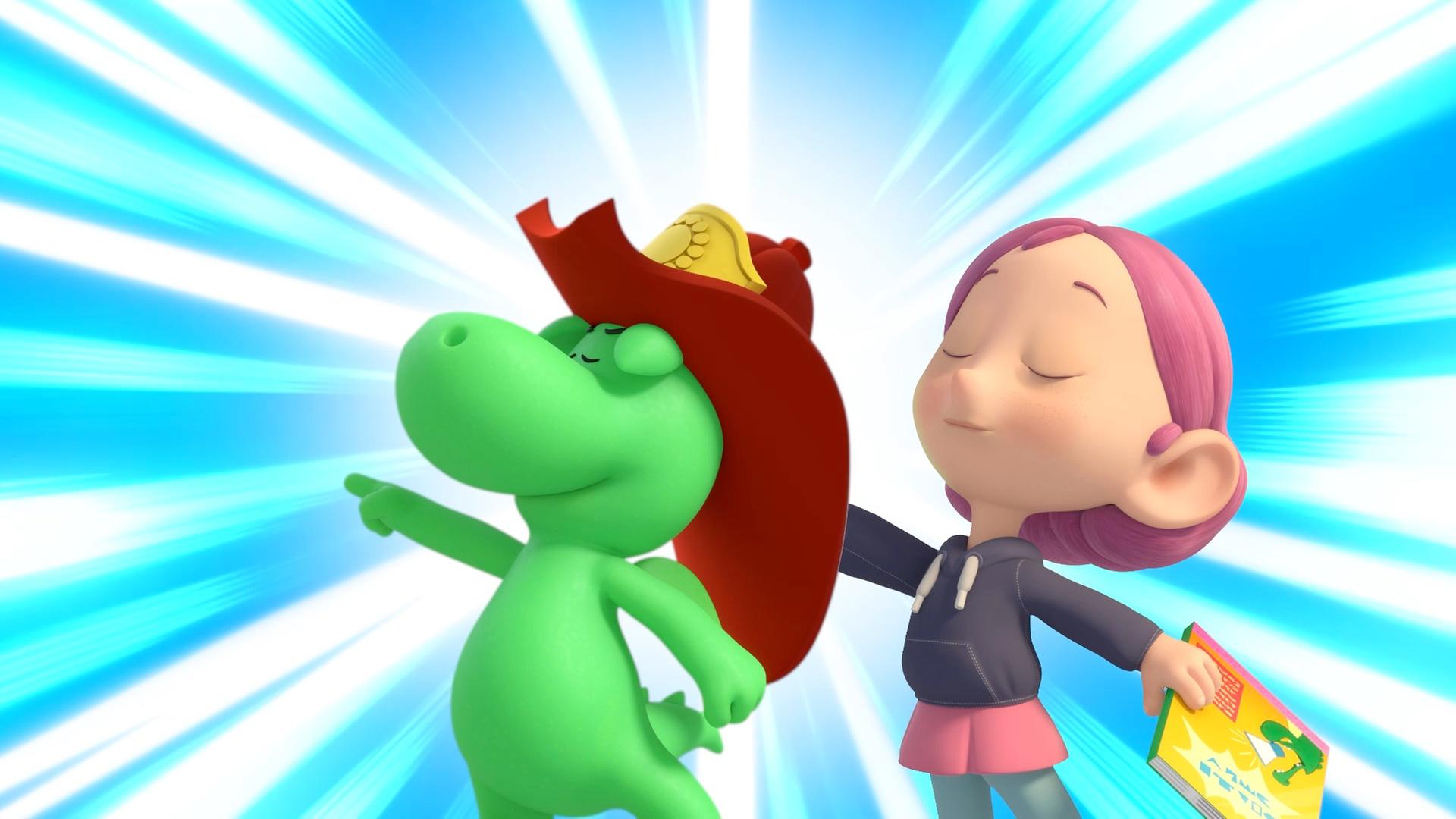 Grisu, der kleine, grüne Drache mit dem roten Feuerwehrhelm und seine Freundin Stella machen beiden eine superheldenhafte Geste. Stella hält einen Werbeflyer in der Hand. Der Hintergrund des Bildes ist blau-weiß überstrahlt.