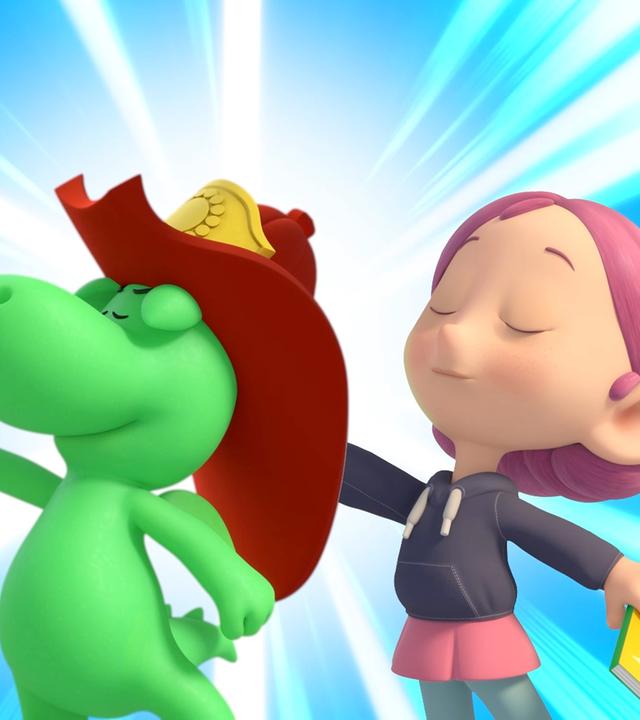 Grisu, der kleine, grüne Drache mit dem roten Feuerwehrhelm und seine Freundin Stella machen beiden eine superheldenhafte Geste. Stella hält einen Werbeflyer in der Hand. Der Hintergrund des Bildes ist blau-weiß überstrahlt.