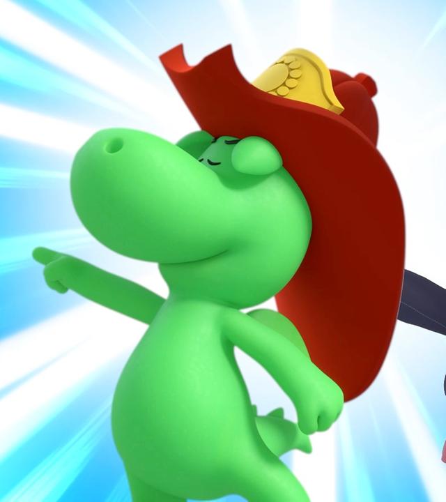 Grisu, der kleine, grüne Drache mit dem roten Feuerwehrhelm und seine Freundin Stella machen beiden eine superheldenhafte Geste. Stella hält einen Werbeflyer in der Hand. Der Hintergrund des Bildes ist blau-weiß überstrahlt.