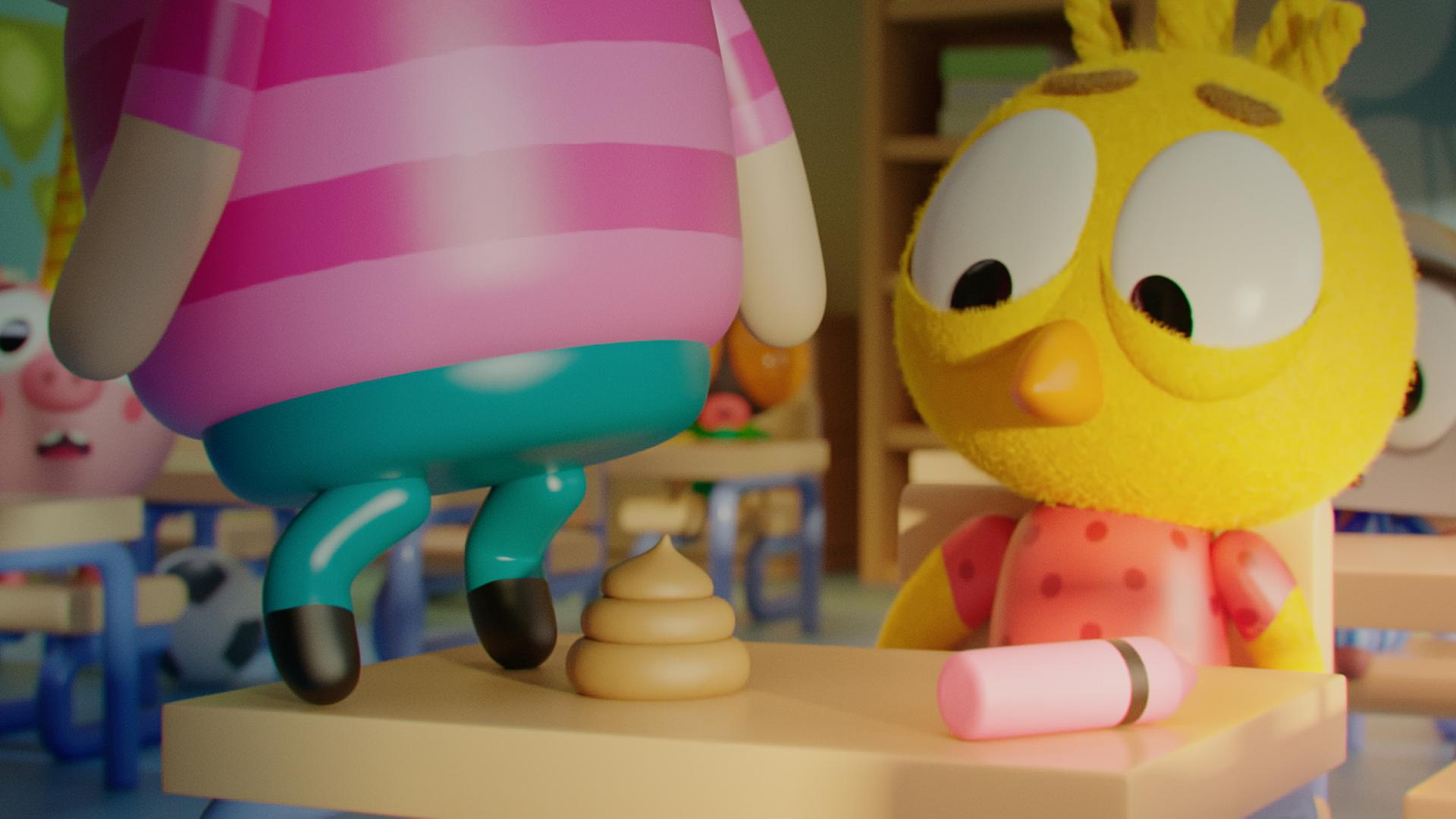 Karla, das kleine gelbe Küken, sitzt im Klassenzimmer an einem Schultisch. Auf dem Tisch liegen ein rosa Stift und ein brauner Kothaufen. Auf dem Tisch steht Othello, der Junge mit dem Tortenkopf.