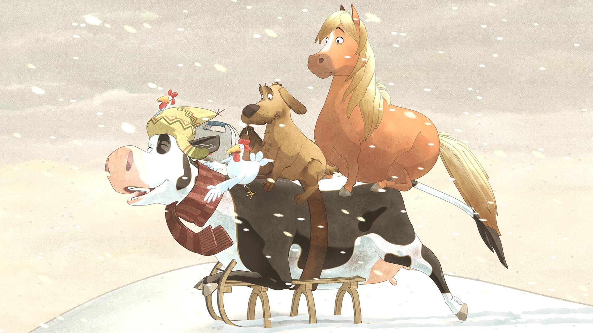 Auf einem Schlitten versuchen Lieselotte, Hund, Pferd und Hühner durch den Schneesturm zu kommen.