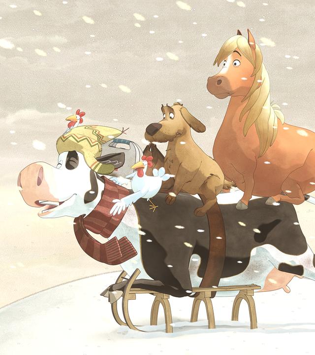 Auf einem Schlitten versuchen Lieselotte, Hund, Pferd und Hühner durch den Schneesturm zu kommen.