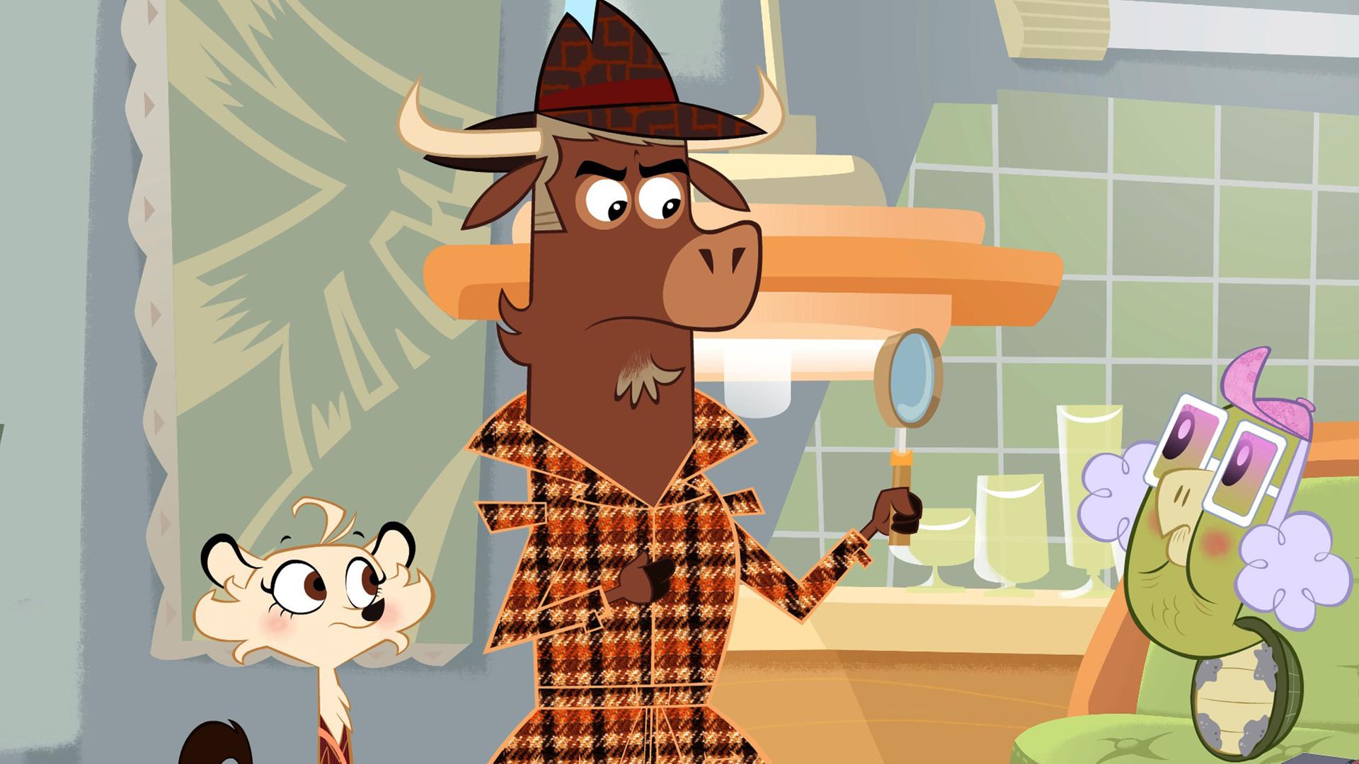 Hermione und Sherlock Yack befragen die Schildkröte. Jemand hat ihr Zement unter den Panzer geschmiert. Sherlock Yack betrachtet die hilflose Schildkröte durch seine Lupe.