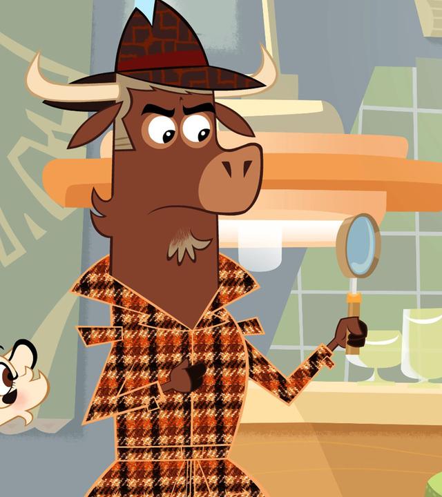 Hermione und Sherlock Yack befragen die Schildkröte. Jemand hat ihr Zement unter den Panzer geschmiert. Sherlock Yack betrachtet die hilflose Schildkröte durch seine Lupe.